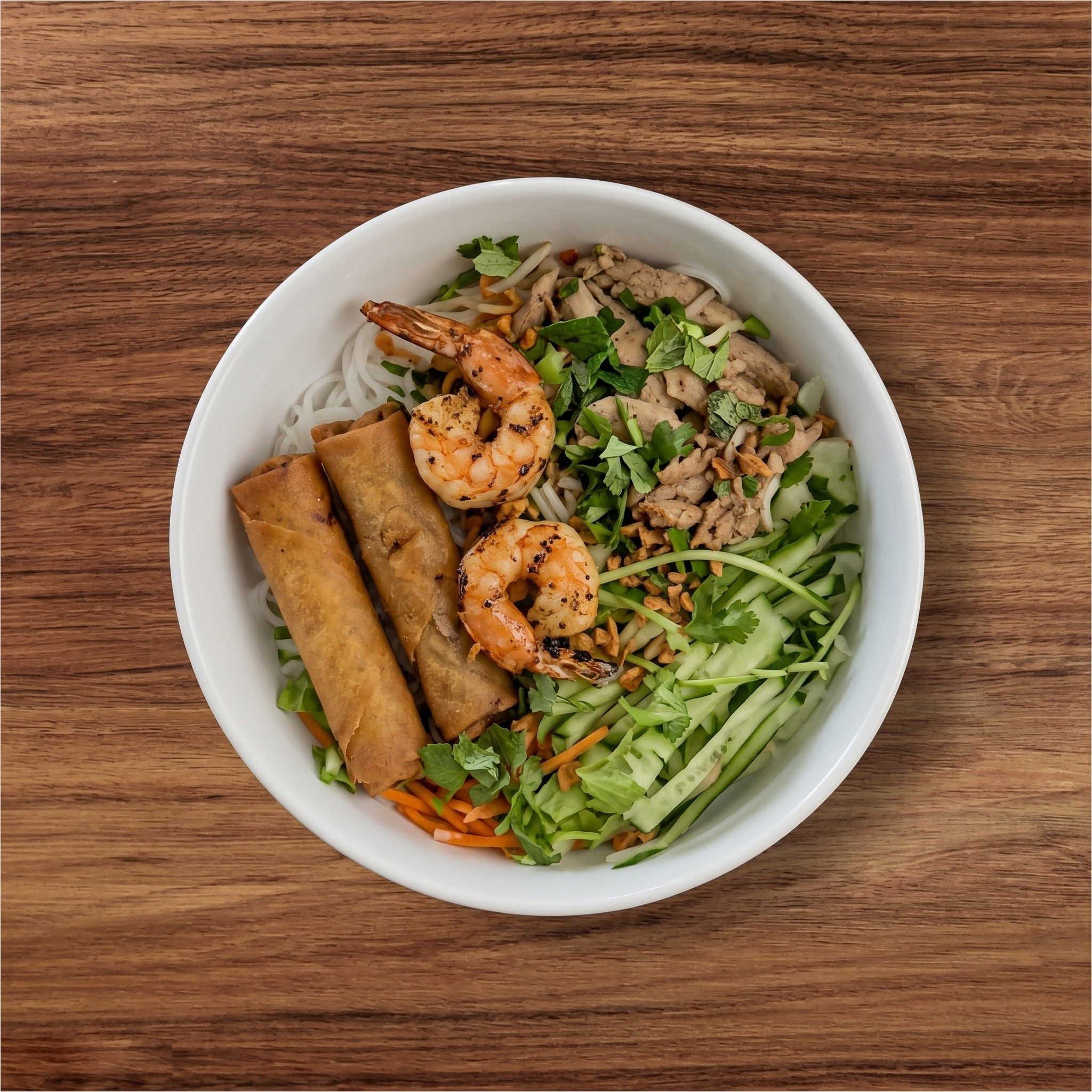 Vermicelli with Grilled Chicken and Eggrolls.