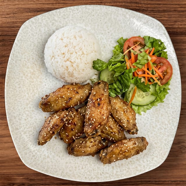 Sweet Chili Sauce Chicken Wings with Steamed Rice.