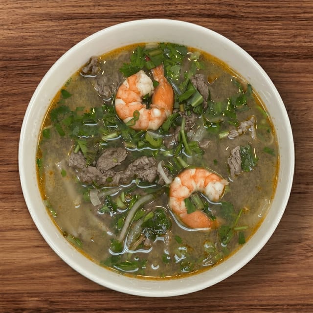 Pho Tom Yum Noodle with Shrimps, Steak, Fishball.